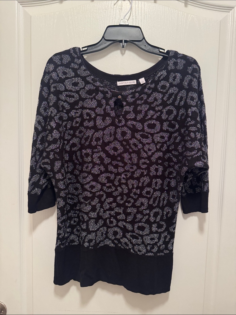 Notations Black Metallic Leopard-Print Scoop Neck Sweater - Women’s Size L